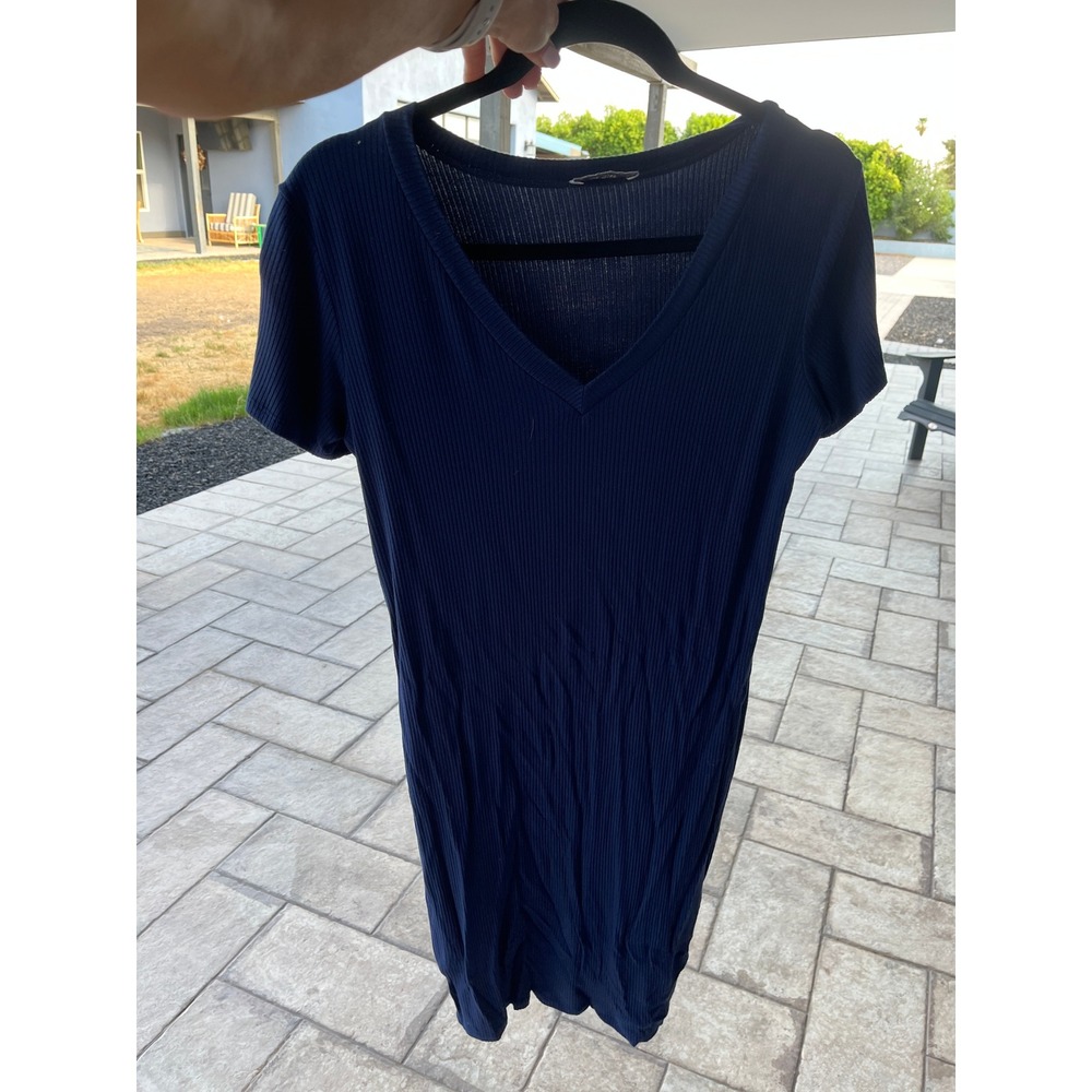 La Clef Navy Blue Ribbed V-Neck Short Sleeve T-Shirt Dress CMD1994 Large